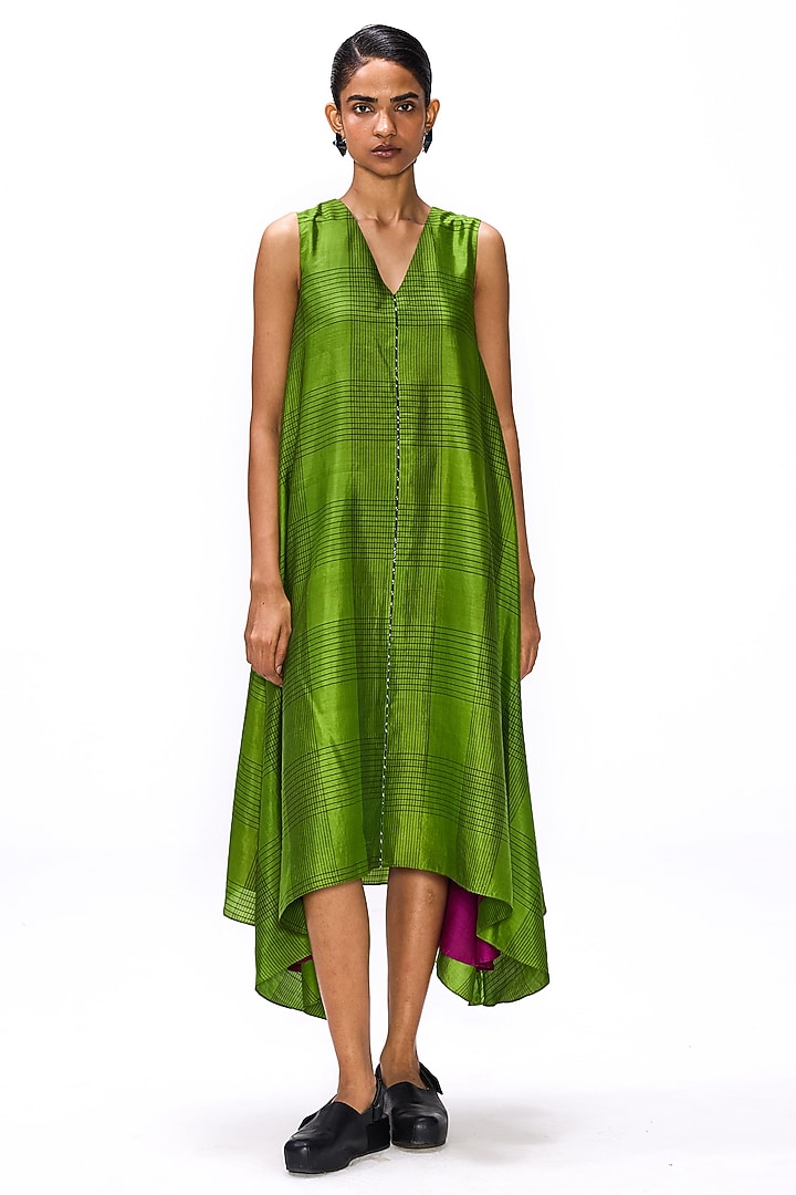 Cactus Green Handwoven Silk Checkered Vacation Dress by Studio Medium at Pernia's Pop Up Shop