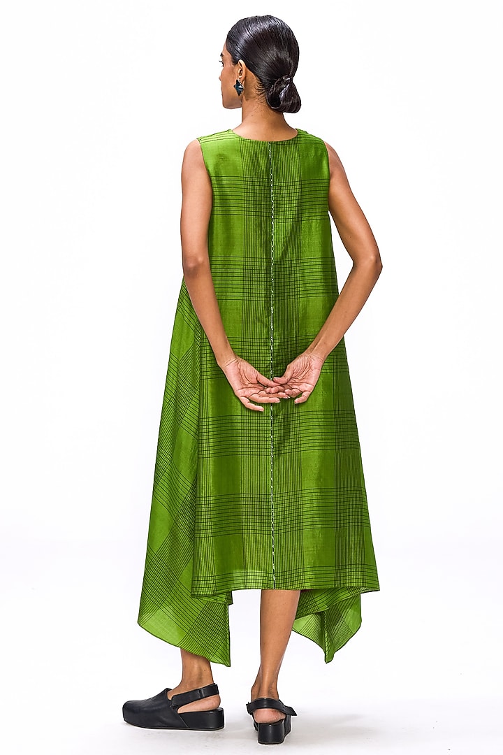Cactus Green Handwoven Silk Checkered Vacation Dress by Studio Medium at Pernia's Pop Up Shop