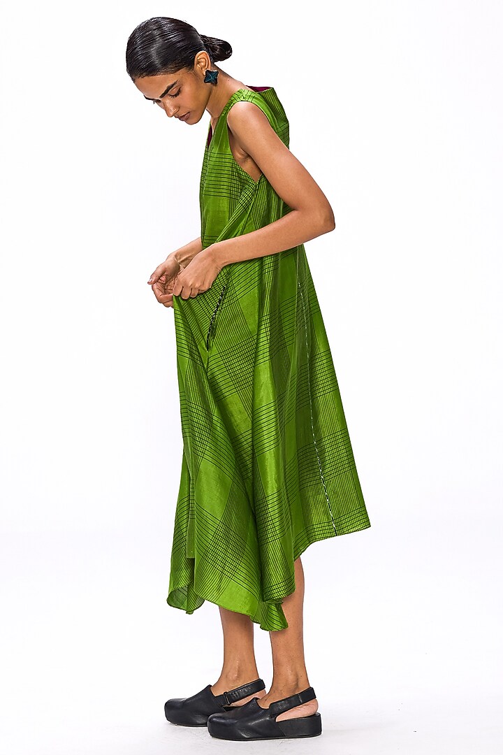 Cactus Green Handwoven Silk Checkered Vacation Dress by Studio Medium at Pernia's Pop Up Shop