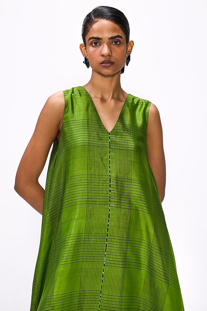 Cactus Green Handwoven Silk Checkered Vacation Dress by Studio Medium at Pernia's Pop Up Shop