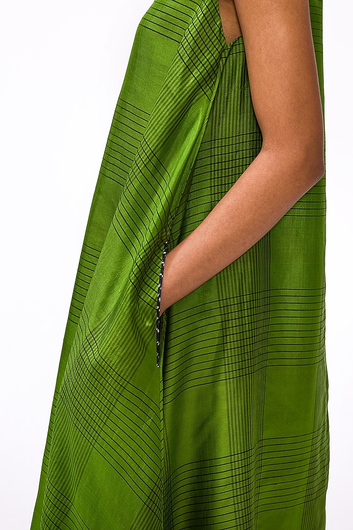 Cactus Green Handwoven Silk Checkered Vacation Dress by Studio Medium at Pernia's Pop Up Shop