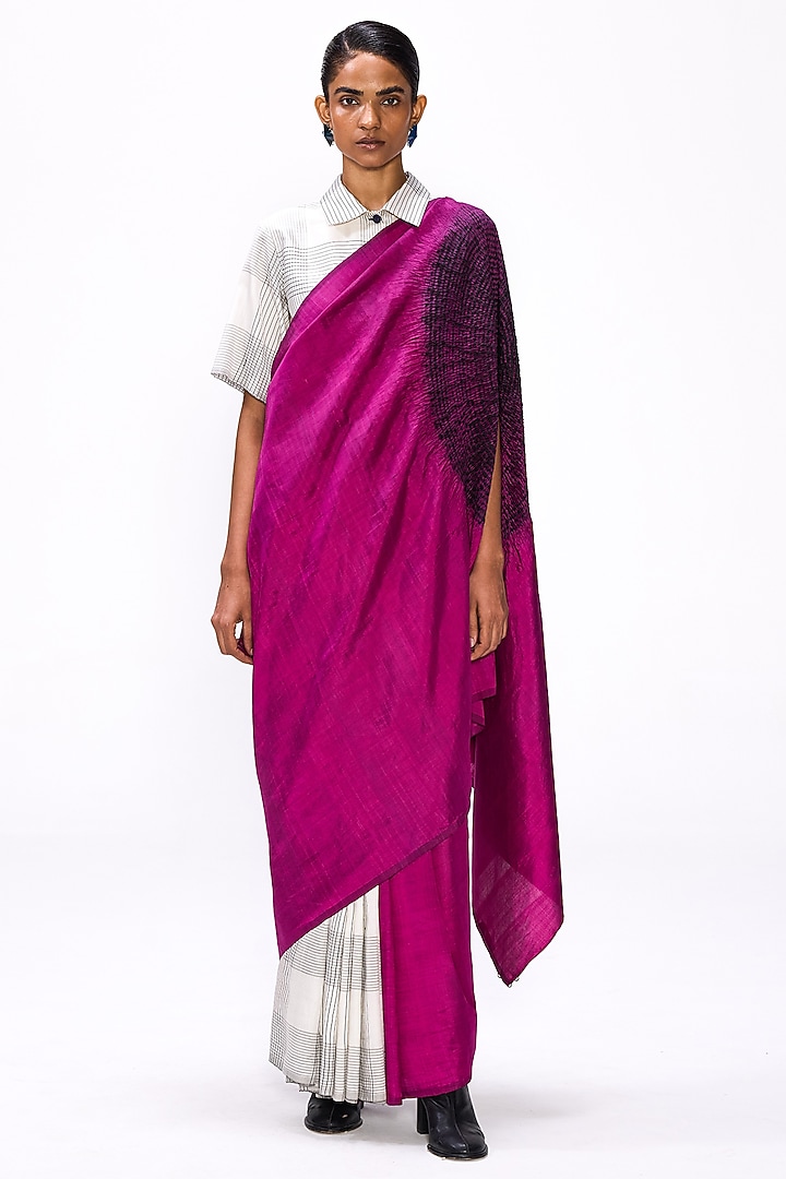 Magenta Handwoven Silk Checkered Wedding Saree Set by Studio Medium at Pernia's Pop Up Shop