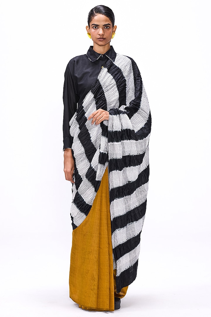 Ochre Yellow Handwoven Silk Color Blocked Wedding Saree Set by Studio Medium at Pernia's Pop Up Shop