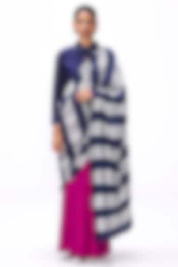 Magenta & Navy Blue Handwoven Silk Color Blocked Wedding Saree Set by Studio Medium at Pernia's Pop Up Shop