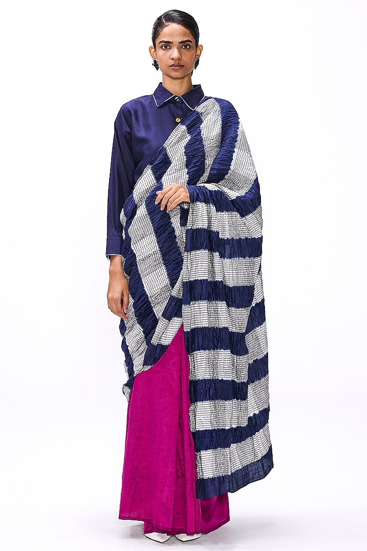 Magenta & Navy Blue Handwoven Silk Color Blocked Wedding Saree Set by Studio Medium at Pernia's Pop Up Shop