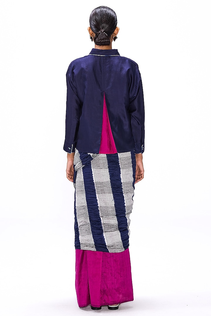 Magenta & Navy Blue Handwoven Silk Color Blocked Wedding Saree Set by Studio Medium at Pernia's Pop Up Shop