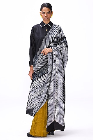 Black & Mustard Handwoven Silk Striped Saree Set by Studio Medium