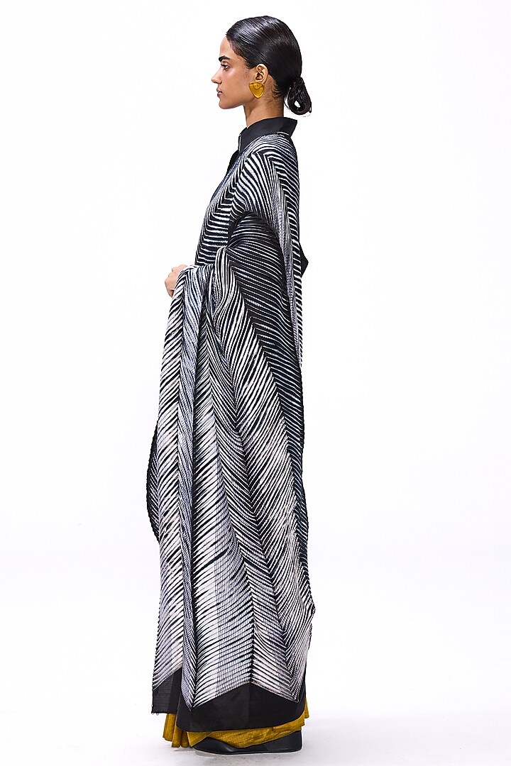 Black & Mustard Handwoven Silk Striped Wedding Saree Set by Studio Medium at Pernia's Pop Up Shop