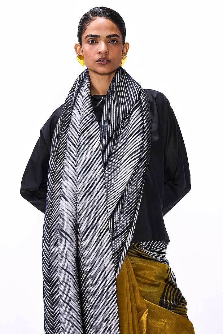 Black & Mustard Handwoven Silk Striped Wedding Saree Set by Studio Medium at Pernia's Pop Up Shop