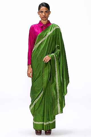 Cactus Green Handwoven Silk Hand Embroidered Saree Set by Studio Medium