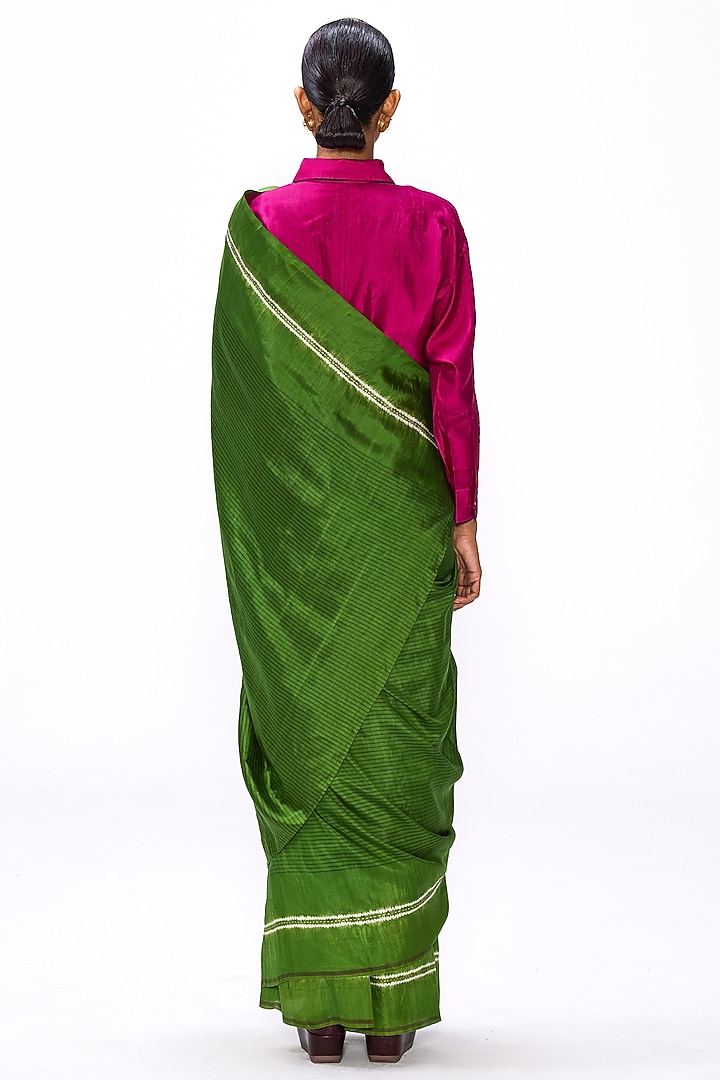 Cactus Green Handwoven Silk Hand Embroidered Party Wear Saree Set by Studio Medium at Pernia's Pop Up Shop
