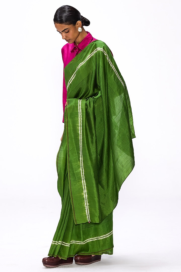 Cactus Green Handwoven Silk Hand Embroidered Party Wear Saree Set by Studio Medium at Pernia's Pop Up Shop