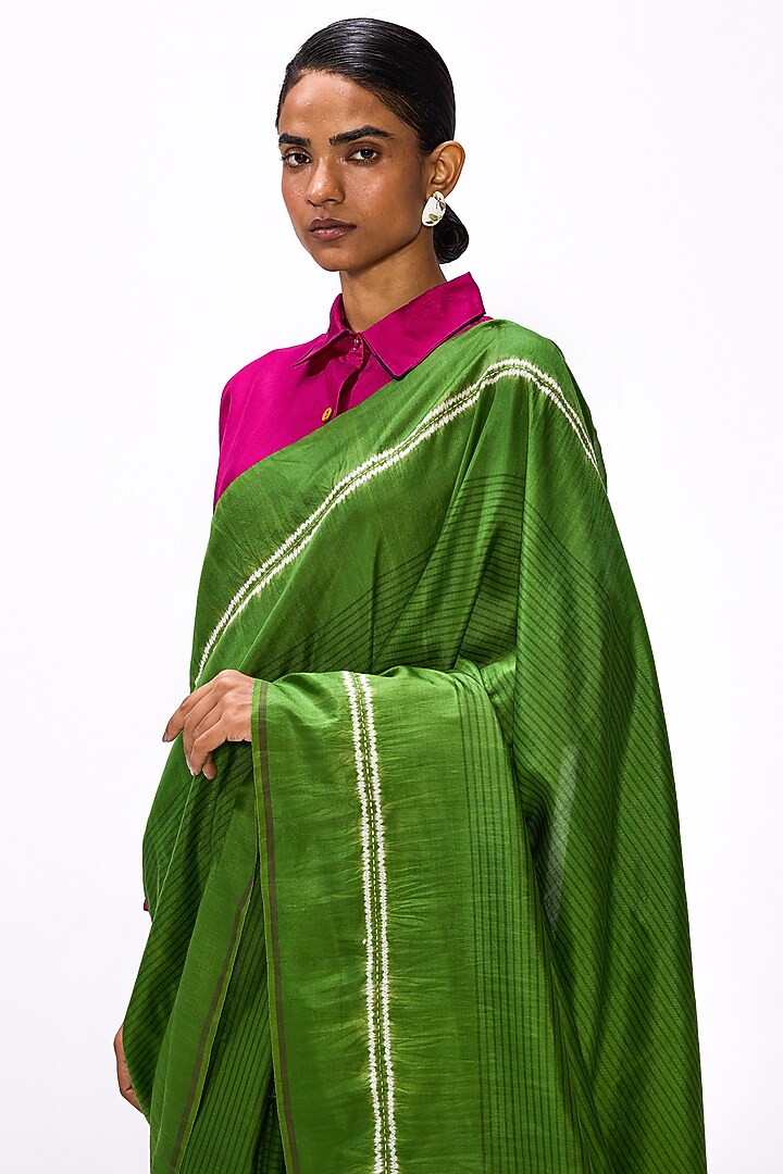 Cactus Green Handwoven Silk Hand Embroidered Party Wear Saree Set by Studio Medium at Pernia's Pop Up Shop