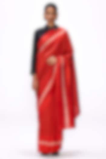 Flame Red Handwoven Silk Hand Embroidered Party Wear Saree Set by Studio Medium at Pernia's Pop Up Shop
