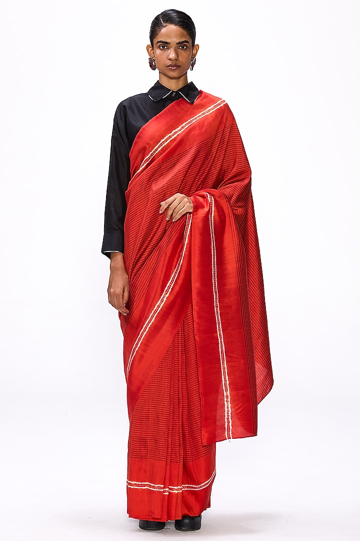 Flame Red Handwoven Silk Hand Embroidered Party Wear Saree Set by Studio Medium at Pernia's Pop Up Shop