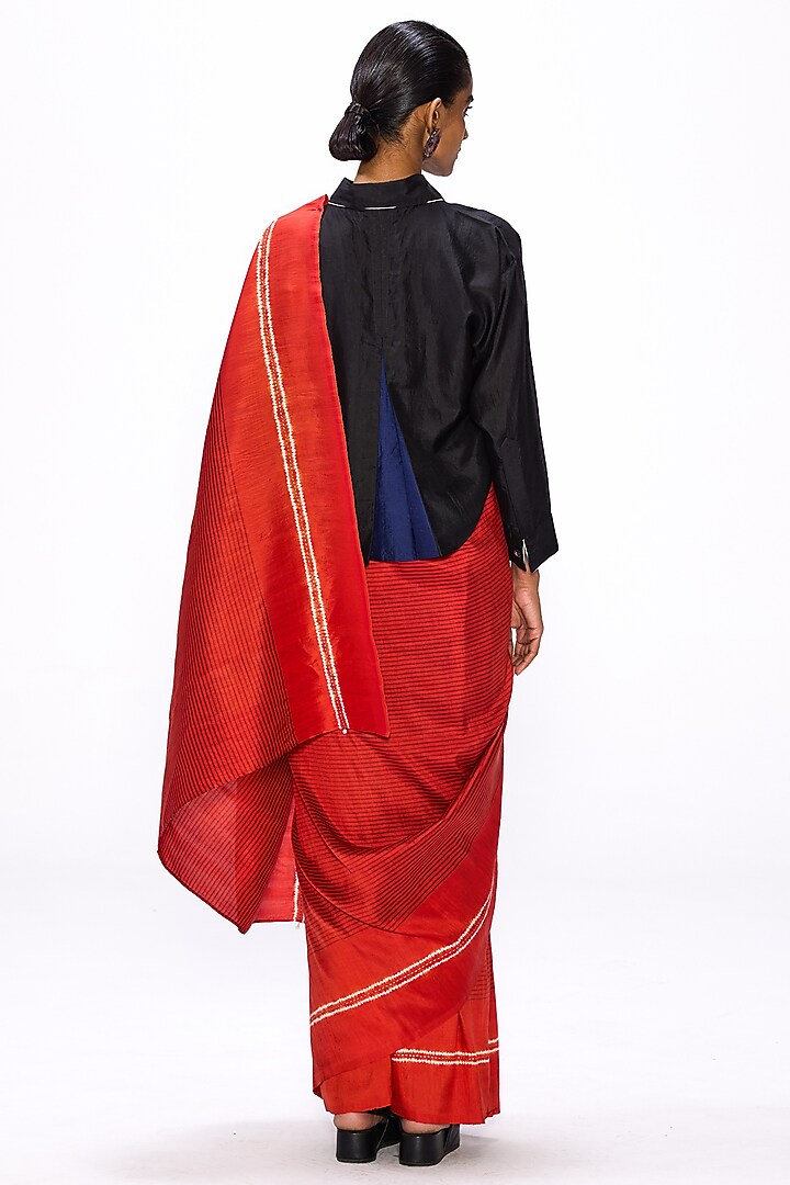 Flame Red Handwoven Silk Hand Embroidered Party Wear Saree Set by Studio Medium at Pernia's Pop Up Shop