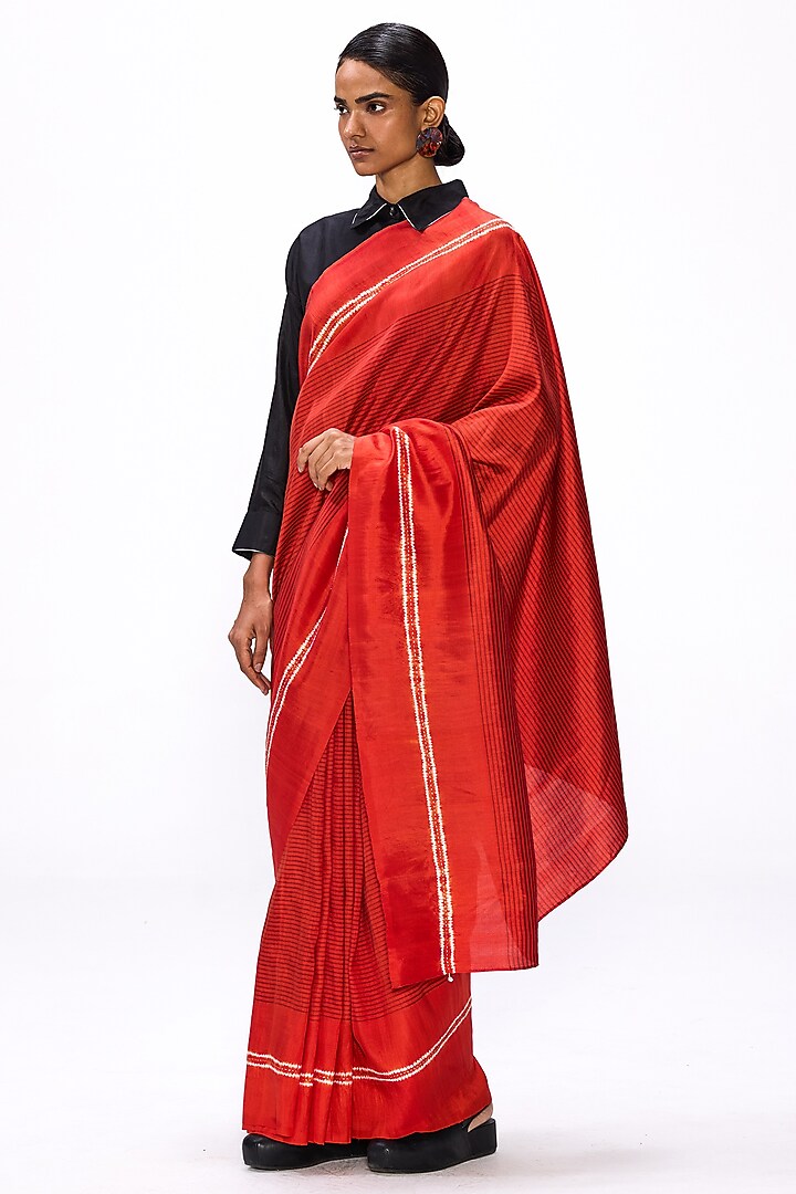 Flame Red Handwoven Silk Hand Embroidered Party Wear Saree Set by Studio Medium at Pernia's Pop Up Shop