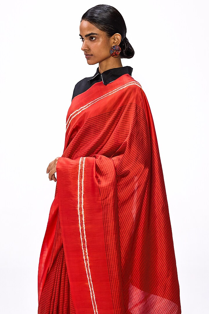 Flame Red Handwoven Silk Hand Embroidered Party Wear Saree Set by Studio Medium at Pernia's Pop Up Shop
