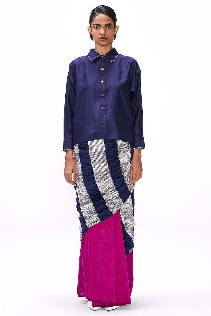 Navy Blue Silk Shirt Blouse by Studio Medium at Pernia's Pop Up Shop