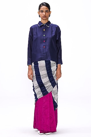 Navy Blue Silk Shirt Blouse by Studio Medium