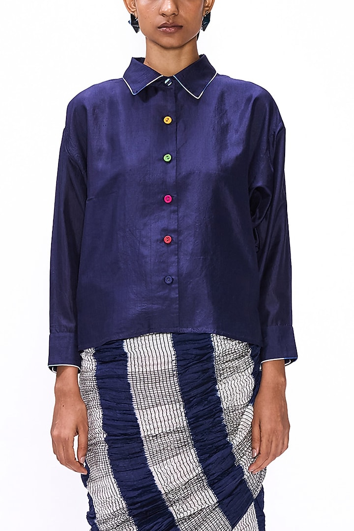 Navy Blue Silk Shirt Blouse by Studio Medium at Pernia's Pop Up Shop