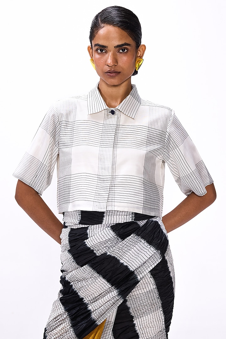 White & Black Handwoven Silk Checkered Blouse by Studio Medium at Pernia's Pop Up Shop