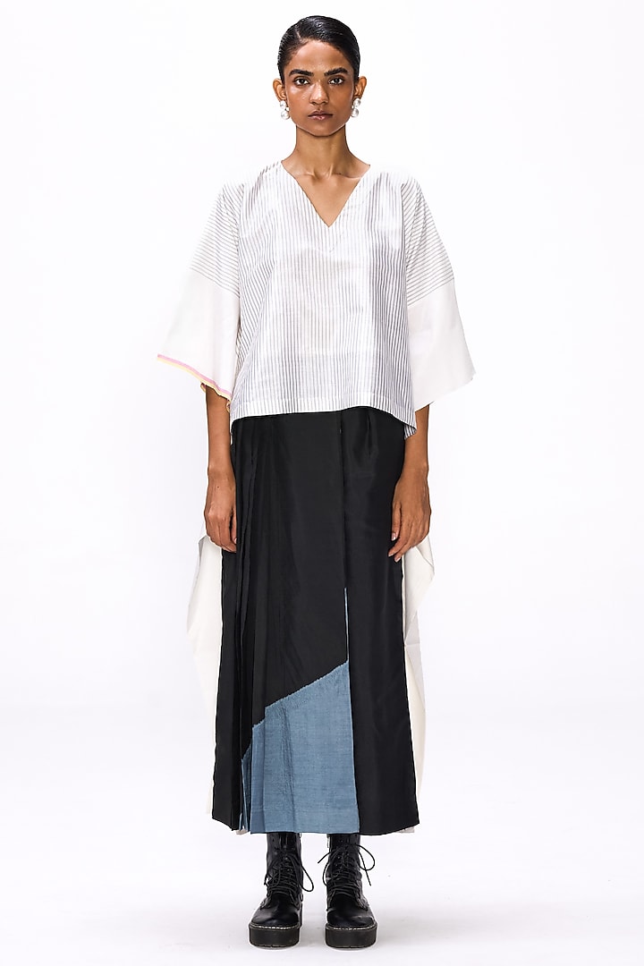 White & Black Handwoven Silk Striped Blouse by Studio Medium at Pernia's Pop Up Shop