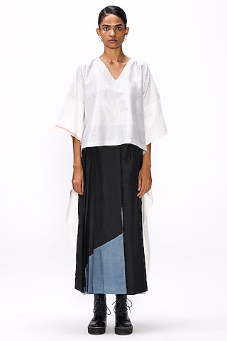White & Black Handwoven Silk Striped Blouse by Studio Medium