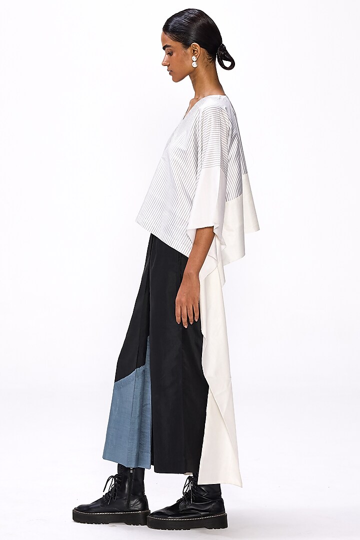 White & Black Handwoven Silk Striped Blouse by Studio Medium at Pernia's Pop Up Shop