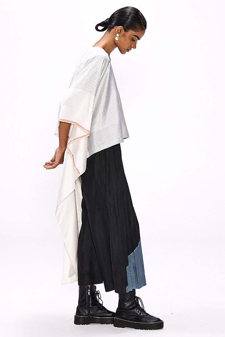 White & Black Handwoven Silk Striped Blouse by Studio Medium at Pernia's Pop Up Shop