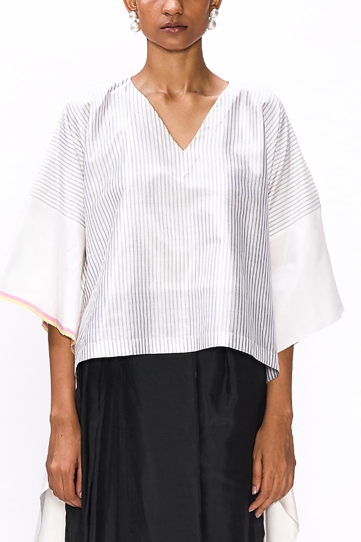 White & Black Handwoven Silk Striped Blouse by Studio Medium at Pernia's Pop Up Shop