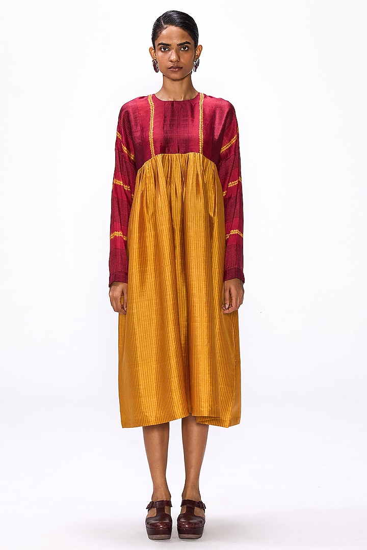 Ochre Yellow Handwoven Silk Shibori Striped Cocktail Dress by Studio Medium at Pernia's Pop Up Shop