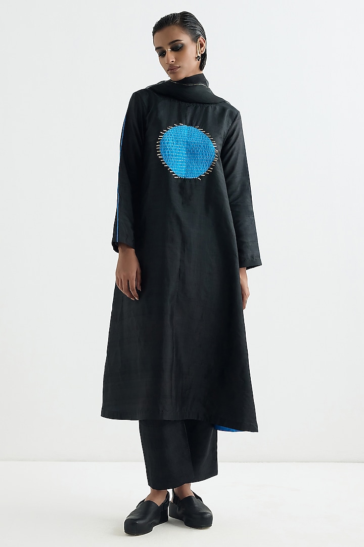 Methyl Blue & Black Handwoven Silk Kurta by Studio Medium at Pernia's Pop Up Shop