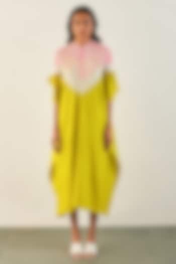 Lime & Pink Silk Hand Embroidered Kaftan by Studio Medium at Pernia's Pop Up Shop