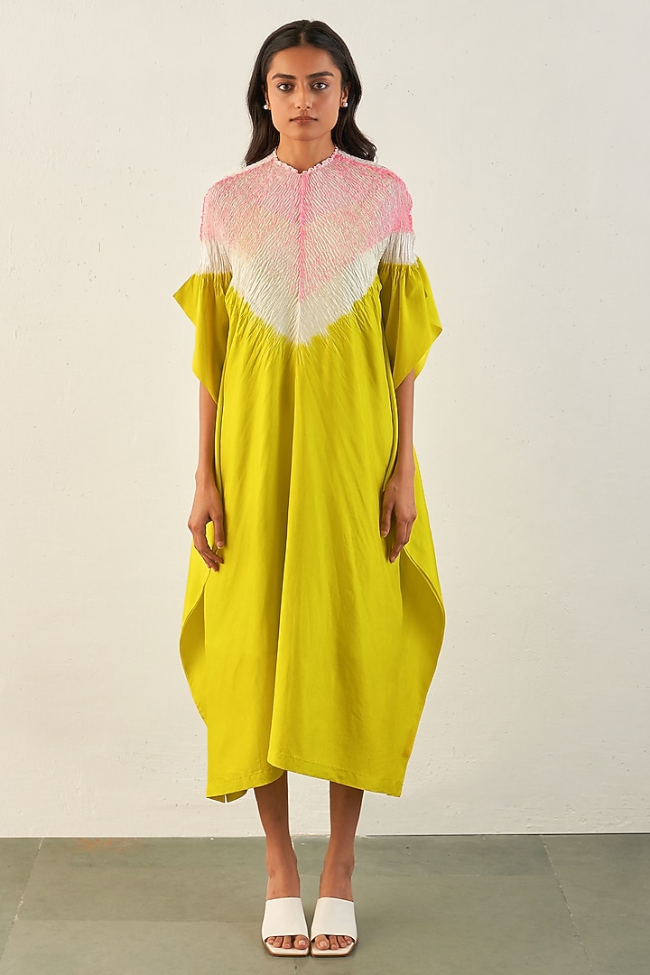 Lime & Pink Silk Hand Embroidered Kaftan by Studio Medium at Pernia's Pop Up Shop