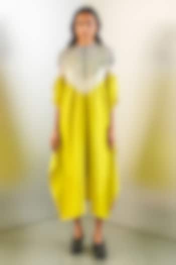 Lime & Grey Silk Hand Embroidered Kaftan by Studio Medium at Pernia's Pop Up Shop