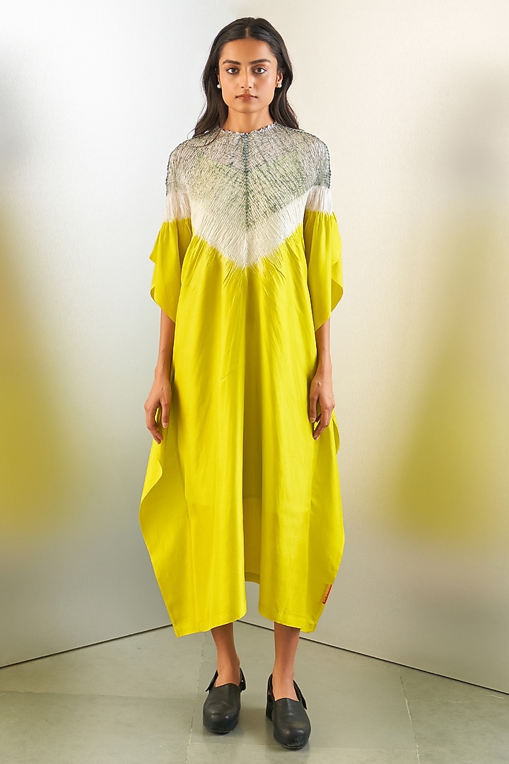 Lime & Grey Silk Hand Embroidered Kaftan by Studio Medium at Pernia's Pop Up Shop
