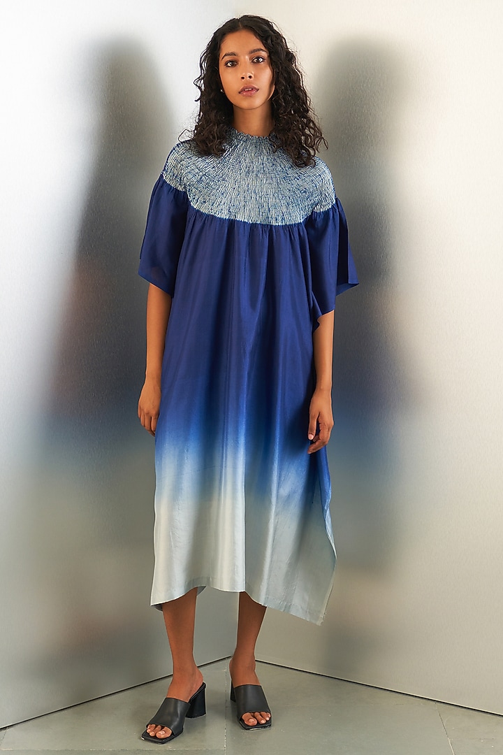 Navy & Grey Silk Kaftan by Studio Medium at Pernia's Pop Up Shop