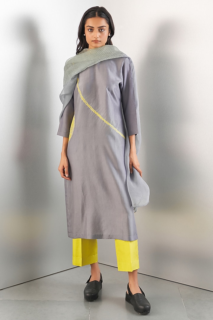 Lime & Grey Silk Kurta by Studio Medium at Pernia's Pop Up Shop