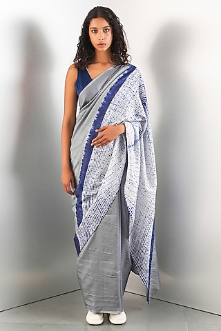 Grey & Navy Silk Saree Set by Studio Medium