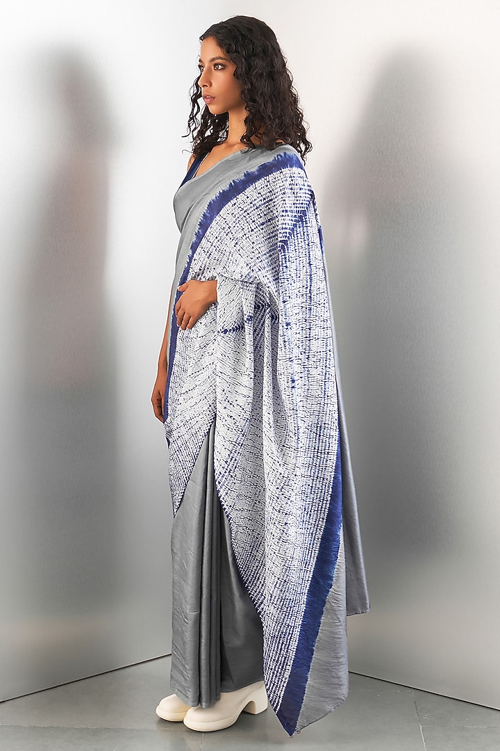 Grey & Navy Silk Wedding Saree Set by Studio Medium at Pernia's Pop Up Shop