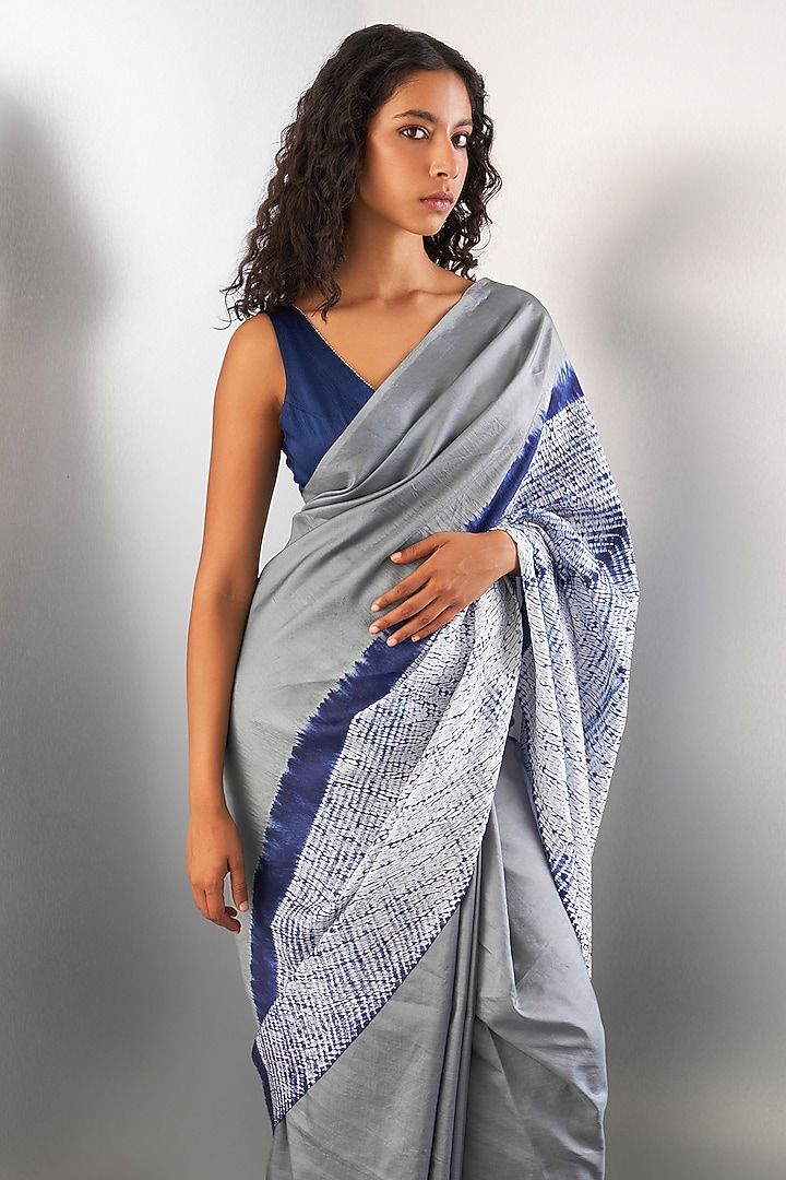 Grey & Navy Silk Wedding Saree Set by Studio Medium at Pernia's Pop Up Shop