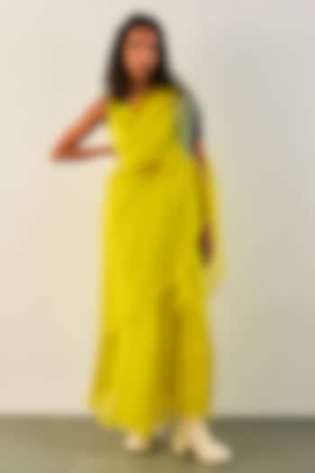 Lime & Grey Silk Organza Party Wear Saree Set by Studio Medium at Pernia's Pop Up Shop