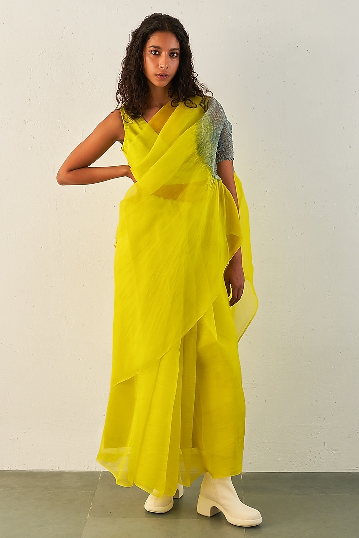 Lime & Grey Silk Organza Party Wear Saree Set by Studio Medium at Pernia's Pop Up Shop