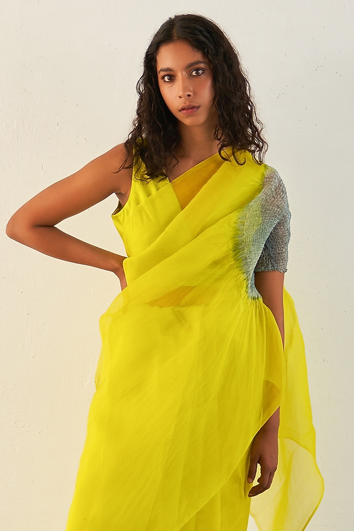 Lime & Grey Silk Organza Party Wear Saree Set by Studio Medium at Pernia's Pop Up Shop