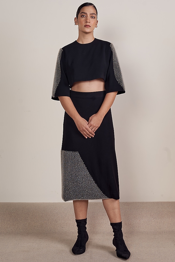 Black Microfibre Faile Polyester & Spandex Embroidered Asymmetric A-Line Skirt by Somya Goyal