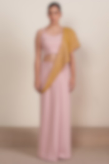 Pink Microfibre Faile Polyester & Spandex Pleated Skirt Saree Set by Somya Goyal