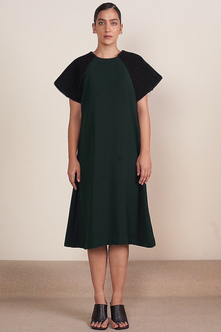 Green Microfibre Faile Polyester & Spandex Embroidered A-Line Midi Dress by Somya Goyal