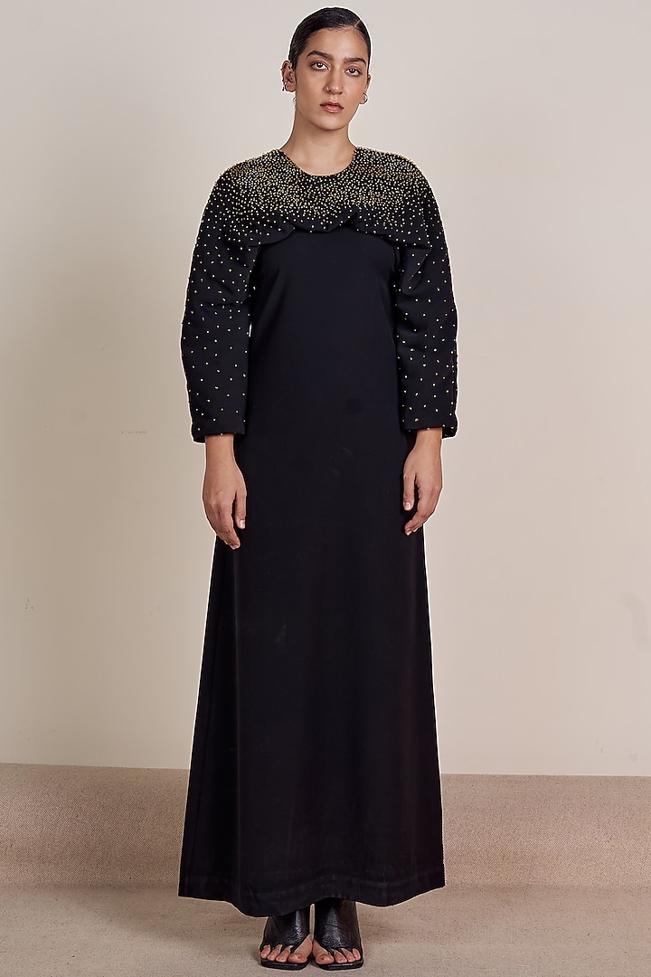 Black Microfibre Faile Polyester & Spandex Constellation Kimono Maxi Dress by Somya Goyal