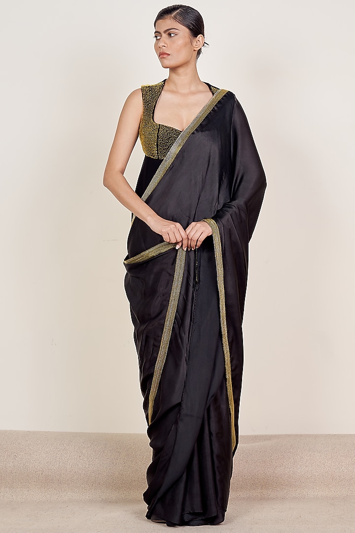 Black Vegan Silk Saree Set by Somya Goyal
